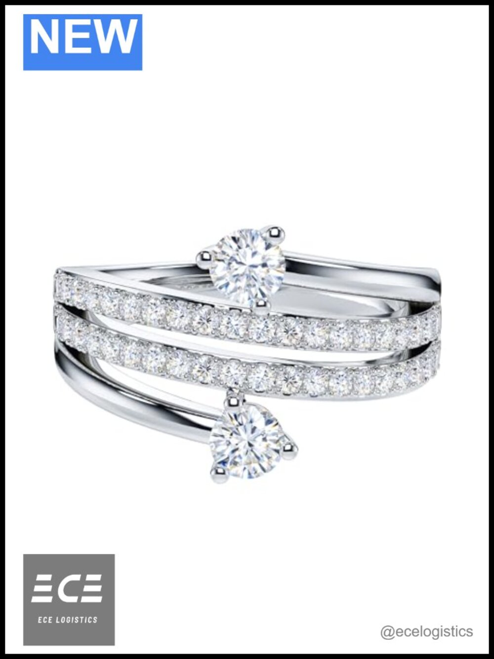 Sterling Silver Two Stone Promise Ring Simulated Diamond Pave 13mm Wide